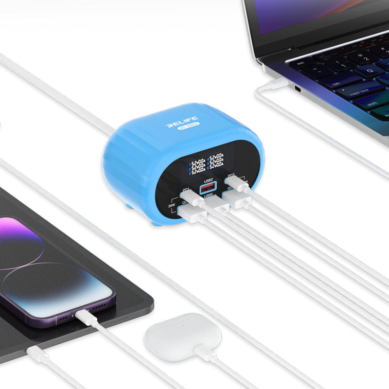 Cargador de estación Relife RL-309U, 72W, 5A, 2 x USB-C - 4 x USB-A, Azul