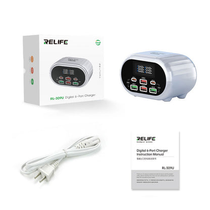 Cargador de red Relife RL-309U, 72 W, 5 A, 2 x USB-C - 4 x USB-A, Plata 