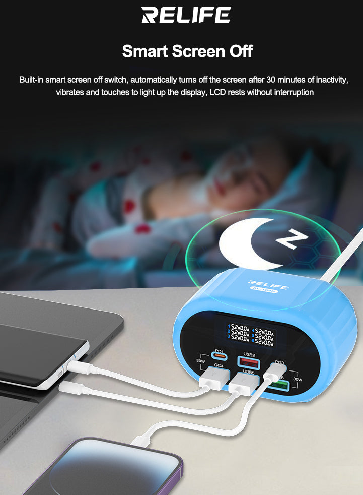 Cargador de estación Relife RL-309U, 72W, 5A, 2 x USB-C - 4 x USB-A, Azul