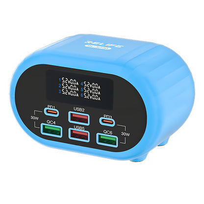 Cargador de estación Relife RL-309U, 72W, 5A, 2 x USB-C - 4 x USB-A, Azul