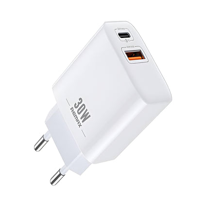 Cargador de red Remax RP-U82, 30W, 3A, 1 x USB-A - 1 x USB-C, Blanco 