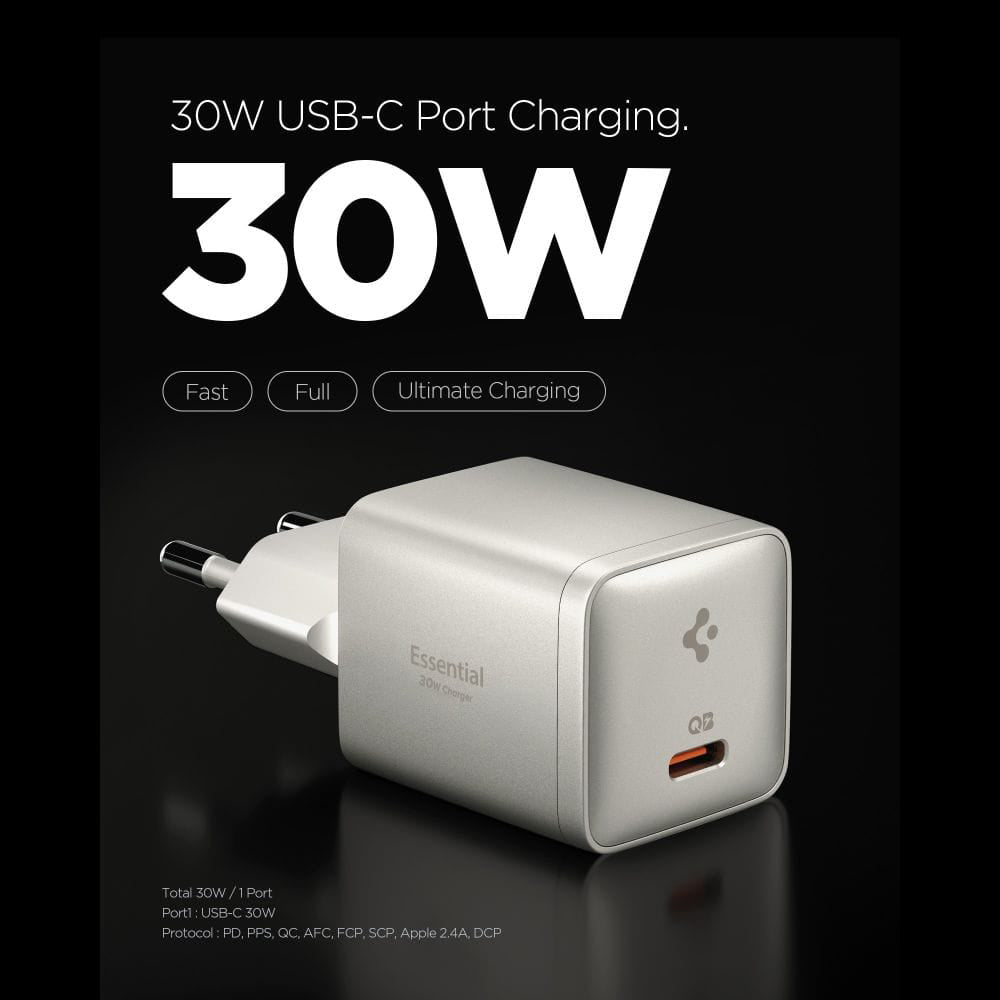 Cargador de red Spigen EE301EU Essential, 30W, 3A, 1 x USB-C, Gris Titan ACH10448