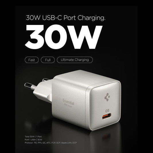 Cargador de red Spigen EE301EU Essential, 30W, 3A, 1 x USB-C, Gris Titan ACH10448