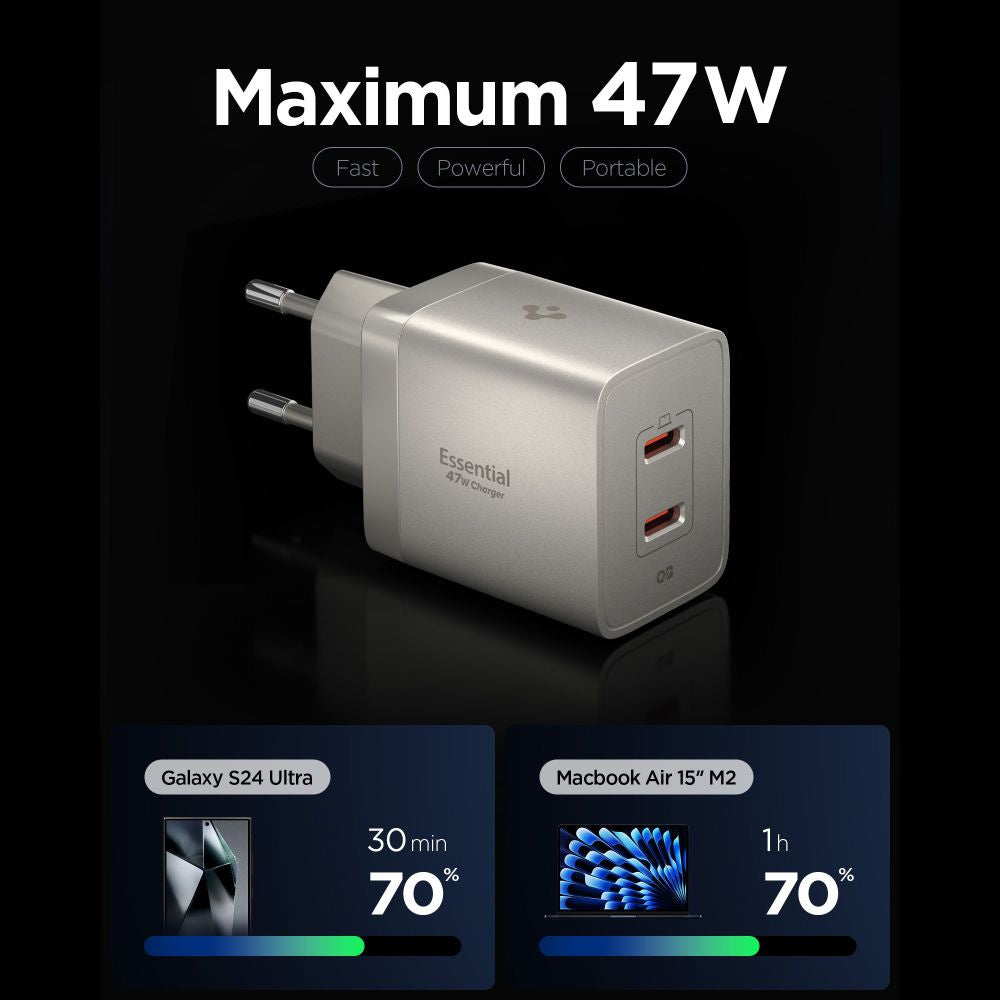 Cargador de red Spigen EE472EU Essential, 47W, 3A, 2 x USB-C, Gris Titan ACH10451