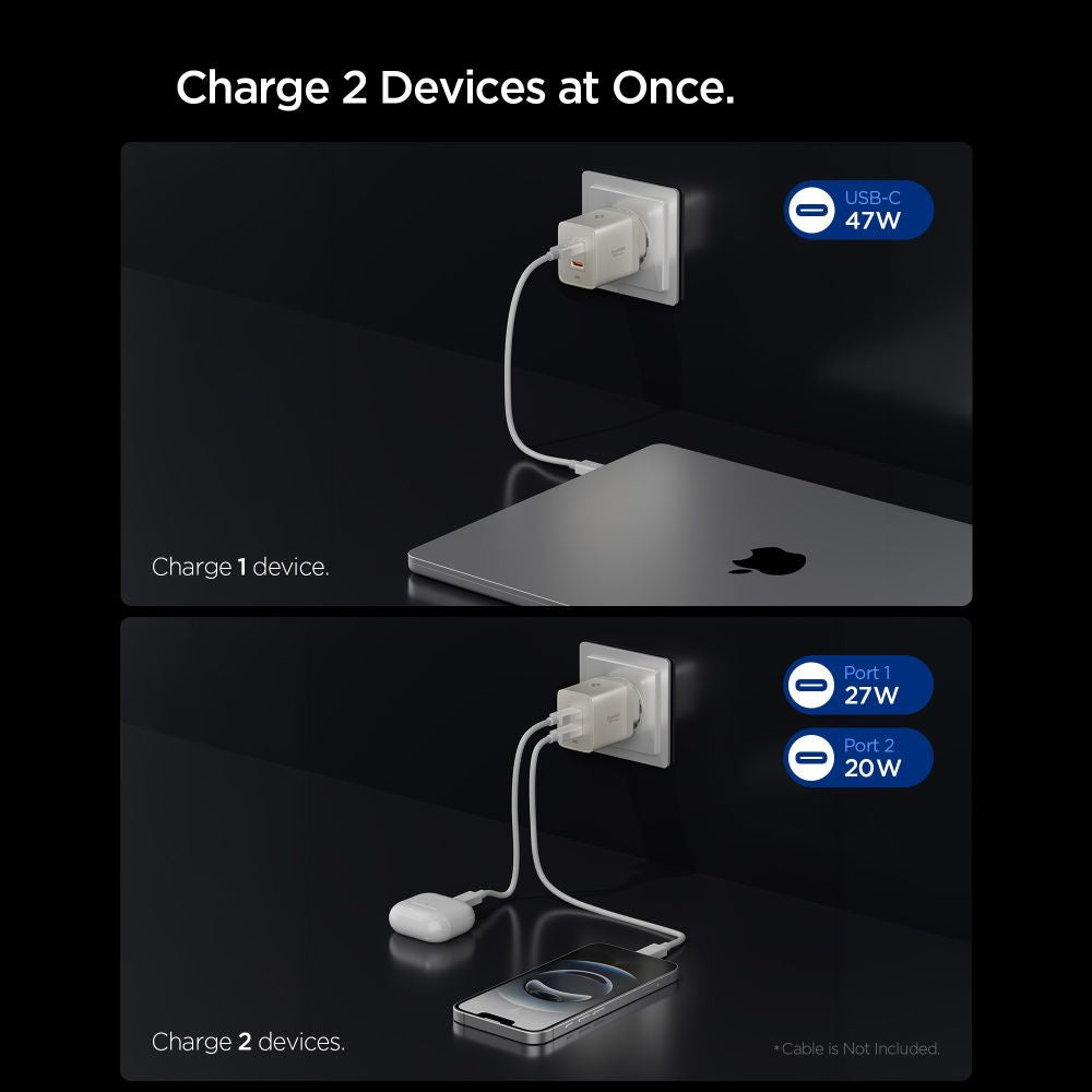 Cargador de red Spigen EE472EU Essential, 47W, 3A, 2 x USB-C, Gris Titan ACH10451