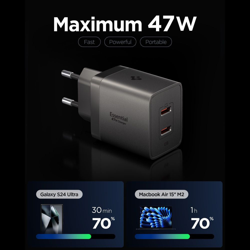 Cargador de red Spigen EE472EU Essential, 47W, 3A, 2 x USB-C, Gris ACH10450