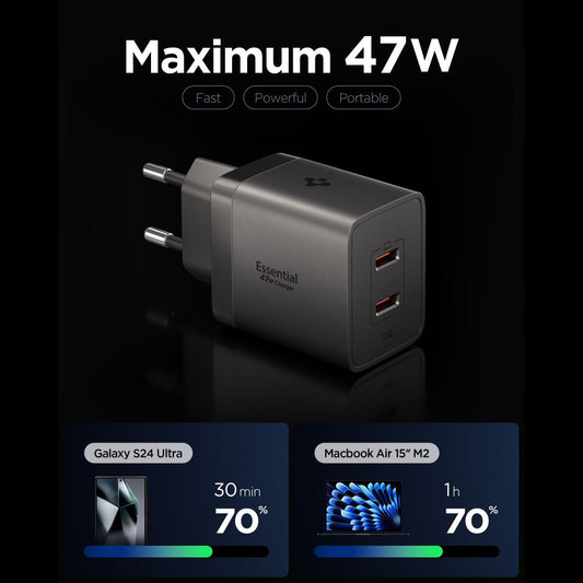 Cargador de red Spigen EE472EU Essential, 47W, 3A, 2 x USB-C, Gris ACH10450