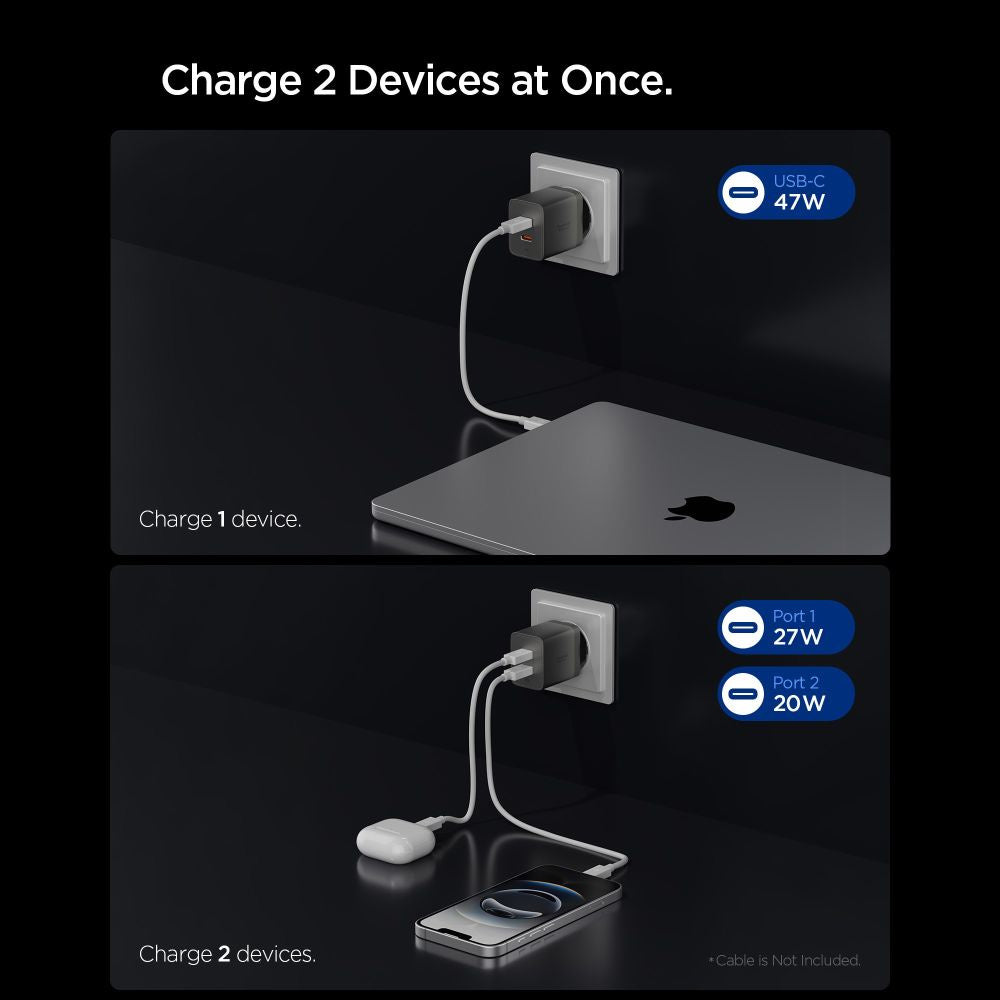 Cargador de red Spigen EE472EU Essential, 47W, 3A, 2 x USB-C, Gris ACH10450