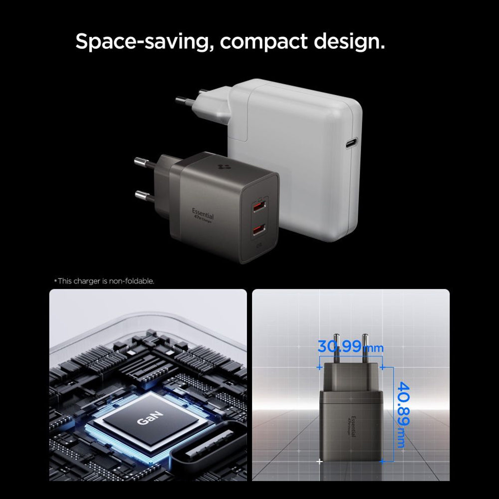 Cargador de red Spigen EE472EU Essential, 47W, 3A, 2 x USB-C, Gris ACH10450