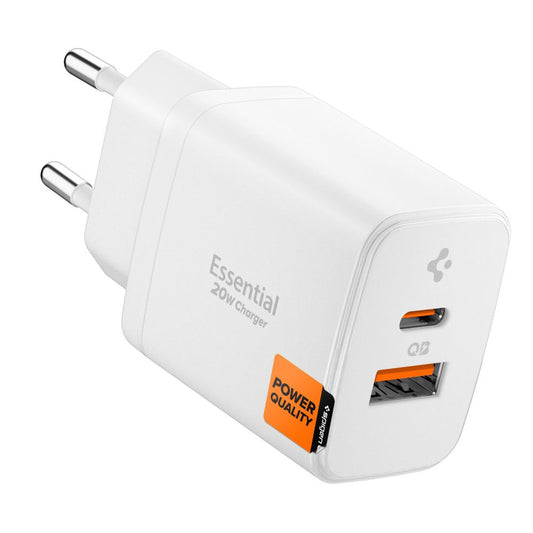 Cargador de Red Spigen Essential, 20W, 3A, 1 x USB-A - 1 x USB-C, Blanco ACH08704