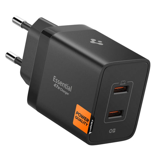 Cargador de Red Spigen Essential, 47W, 3A, 2 x USB-C, Negro