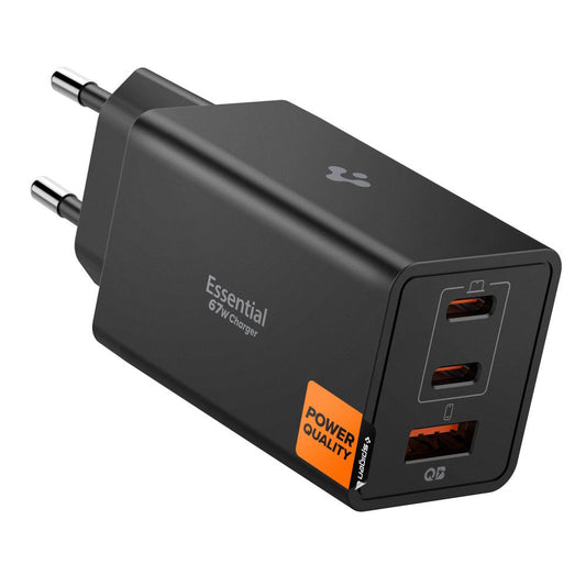 Cargador de Red Spigen Essential, 67W, 3.25A, 1 x USB-A - 2 x USB-C, Negro