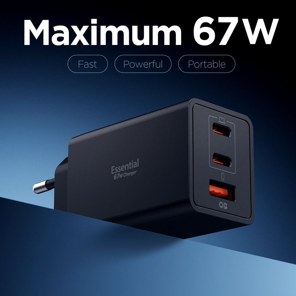 Cargador de Red Spigen Essential, 67W, 3.25A, 1 x USB-A - 2 x USB-C, Negro