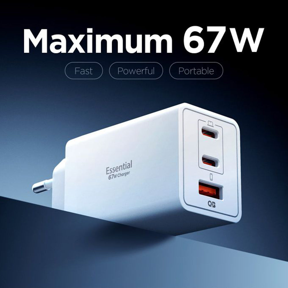 Cargador de Red Spigen Essential, 67W, 3.25A, 1 x USB-A - 2 x USB-C, Blanco ACH08710