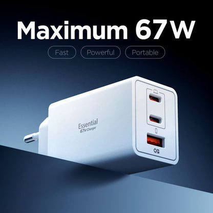 Cargador de Red Spigen Essential, 67W, 3.25A, 1 x USB-A - 2 x USB-C, Blanco ACH08710