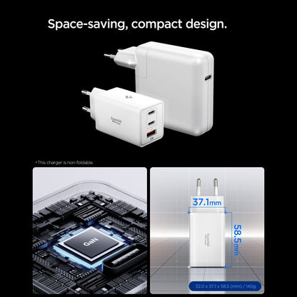 Cargador de Red Spigen Essential, 67W, 3.25A, 1 x USB-A - 2 x USB-C, Blanco ACH08710