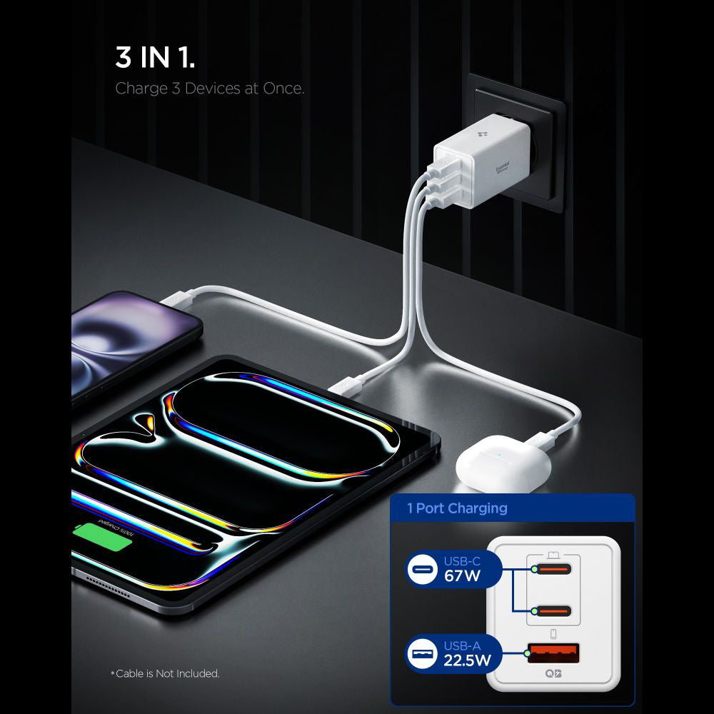 Cargador de Red Spigen Essential, 67W, 3.25A, 1 x USB-A - 2 x USB-C, Blanco ACH08710
