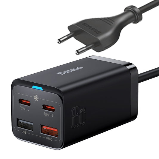 Cargador de red USB-C Baseus GaN3 Pro con cable, 65 W, 3 A, 2 x USB-A - 2 x USB-C, negro CCGP04010101