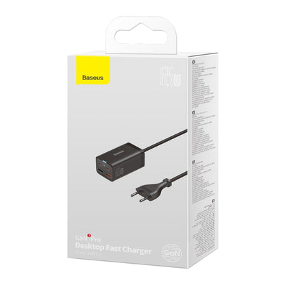 Cargador de red USB-C Baseus GaN3 Pro con cable, 65 W, 3 A, 2 x USB-A - 2 x USB-C, negro CCGP04010101