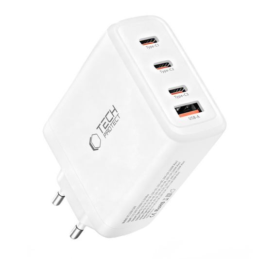 Cargador de Red Tech-Protect NC120W-GAN, 120W, 5A, 1 x USB-A - 3 x USB-C, Blanco