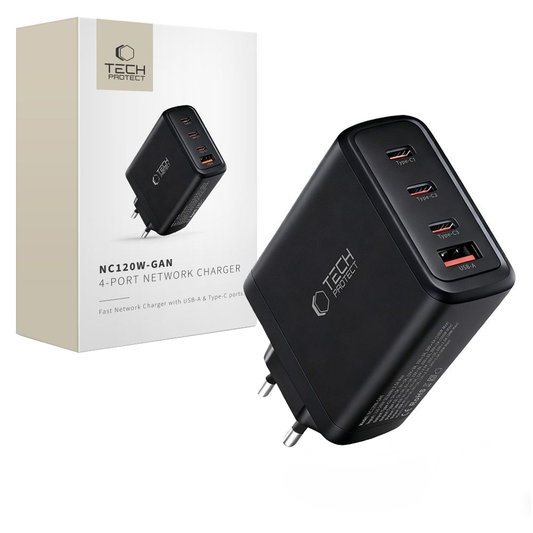 Cargador de Red Tech-Protect NC120W-GAN, 120W, 5A, 1 x USB-A - 3 x USB-C, Negro