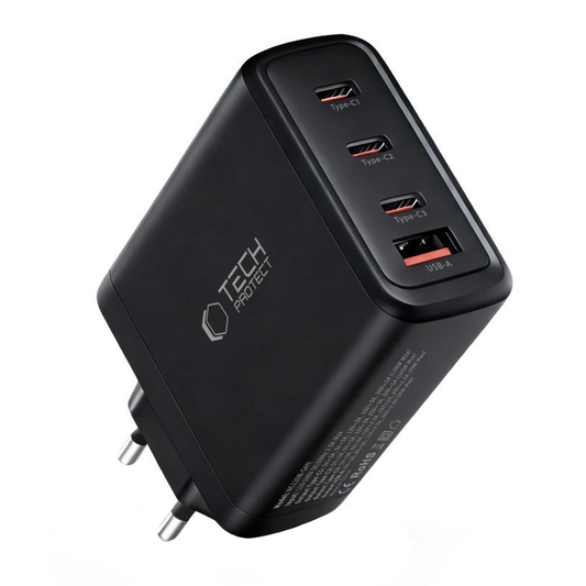 Cargador de Red Tech-Protect NC120W-GAN, 120W, 5A, 1 x USB-A - 3 x USB-C, Negro