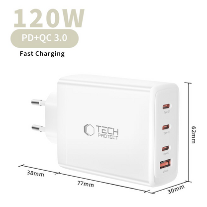 Cargador de Red Tech-Protect NC120W-GAN, 120W, 5A, 1 x USB-A - 3 x USB-C, Blanco