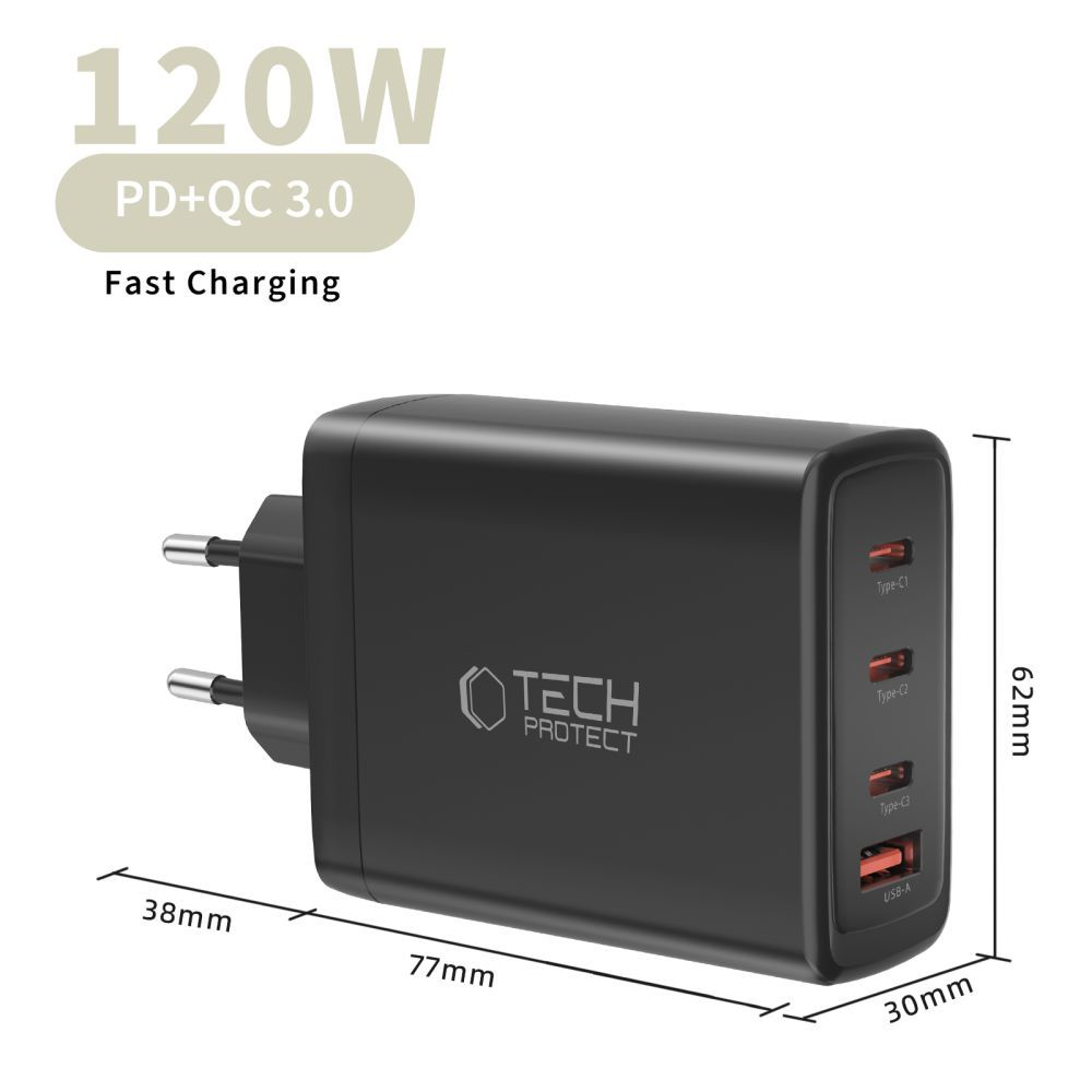 Cargador de Red Tech-Protect NC120W-GAN, 120W, 5A, 1 x USB-A - 3 x USB-C, Negro