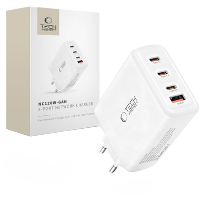 Cargador de Red Tech-Protect NC120W-GAN, 120W, 5A, 1 x USB-A - 3 x USB-C, Blanco