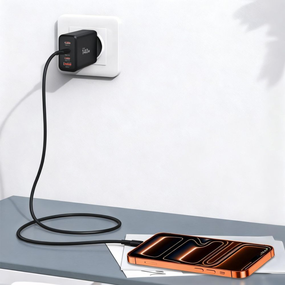 Cargador de Red Tech-Protect NC140W-GAN, 140W, 5A, 1 x USB-A - 3 x USB-C, Negro