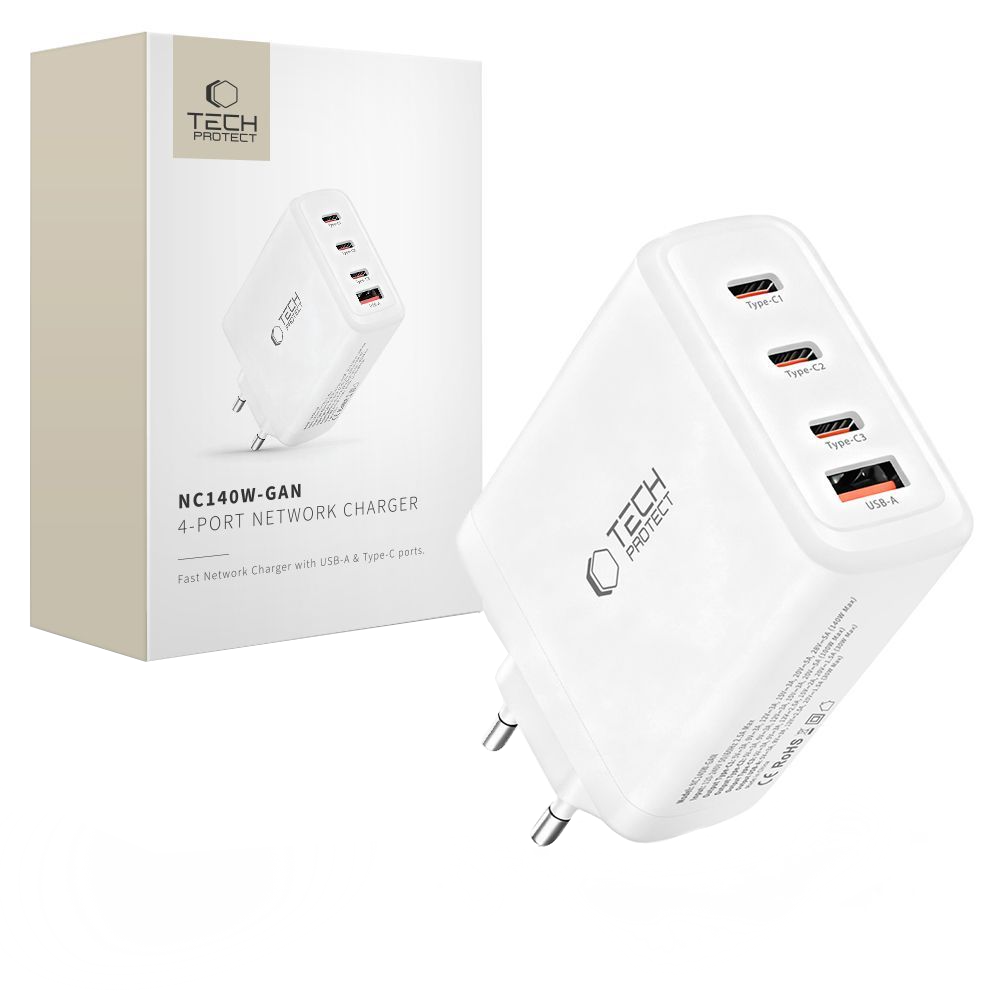 Cargador de Red Tech-Protect NC140W-GAN, 140W, 5A, 1 x USB-A - 3 x USB-C, Blanco