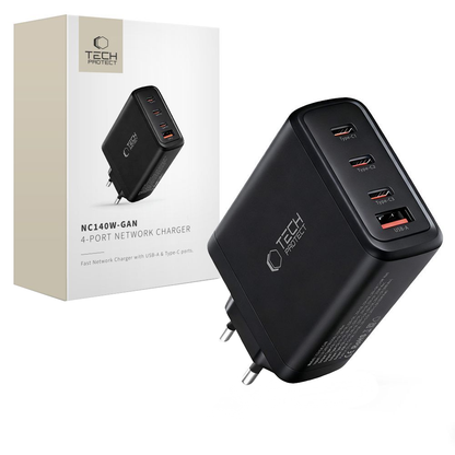 Cargador de Red Tech-Protect NC140W-GAN, 140W, 5A, 1 x USB-A - 3 x USB-C, Negro
