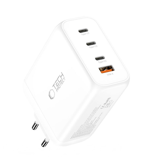 Cargador de Red Tech-Protect NC200W-GAN, 200W, 5A, 1 x USB-A - 3 x USB-C, Blanco