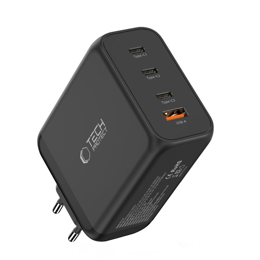 Cargador de Red Tech-Protect NC200W-GAN, 200W, 5A, 1 x USB-A - 3 x USB-C, Negro