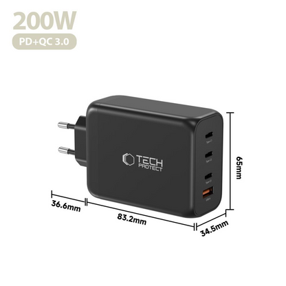Cargador de Red Tech-Protect NC200W-GAN, 200W, 5A, 1 x USB-A - 3 x USB-C, Negro