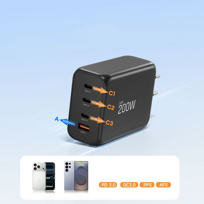 Cargador de Red Tech-Protect NC200W-GAN, 200W, 5A, 1 x USB-A - 3 x USB-C, Negro