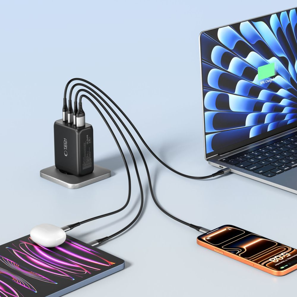 Cargador de Red Tech-Protect NC200W-GAN, 200W, 5A, 1 x USB-A - 3 x USB-C, Negro