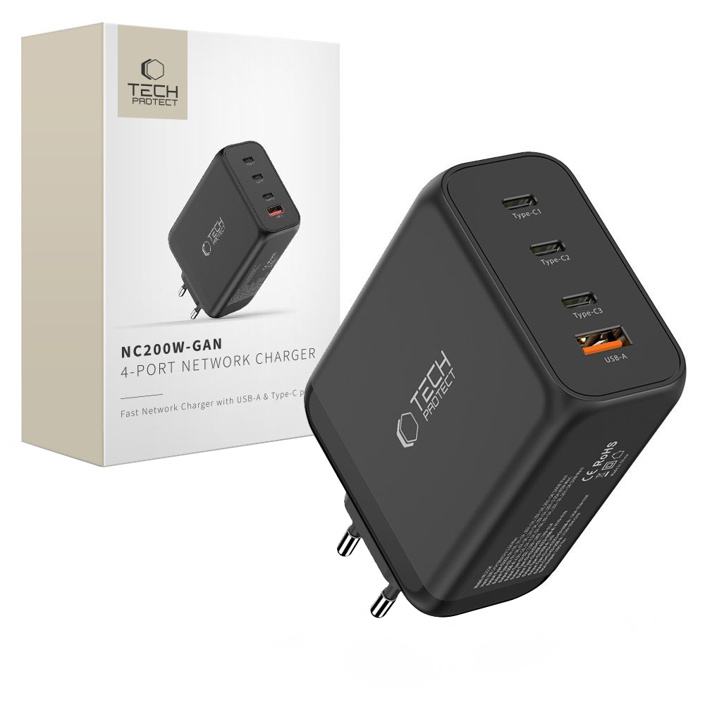 Cargador de Red Tech-Protect NC200W-GAN, 200W, 5A, 1 x USB-A - 3 x USB-C, Negro