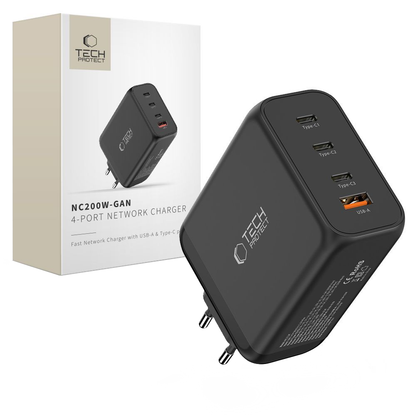 Cargador de Red Tech-Protect NC200W-GAN, 200W, 5A, 1 x USB-A - 3 x USB-C, Negro