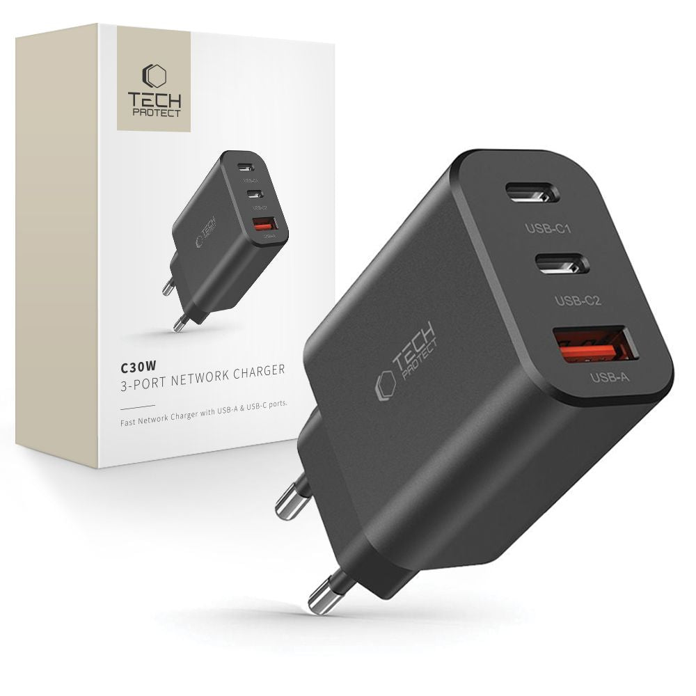 Cargador de red Tech-Protect NC30W, 30 W, 3 A, 1 x USB-A - 2 x USB-C, negro 