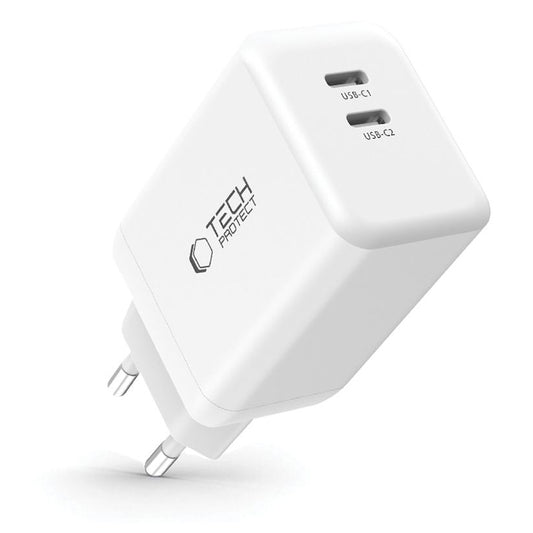 Cargador de red Tech-Protect NC45W, 45 W, 3 A, 2 x USB-C, blanco 