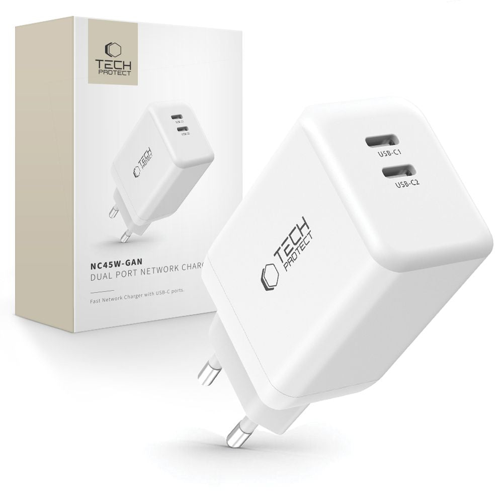 Cargador de red Tech-Protect NC45W, 45 W, 3 A, 2 x USB-C, blanco 