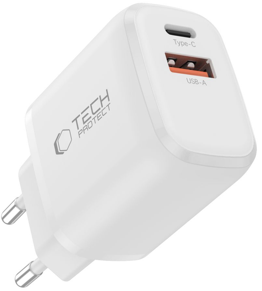 Cargador de Red Tech-Protect NCA45W, 45W, 3A, 1 x USB-A - 1 x USB-C, Blanco
