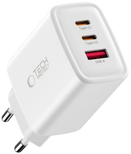 Cargador de Red Tech-Protect NCA65W, 65W, 3A, 1 x USB-A - 2 x USB-C, Blanco