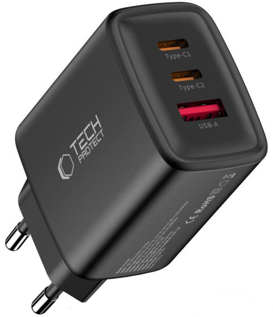 Cargador de Red Tech-Protect NCA65W, 65W, 3A, 1 x USB-A - 2 x USB-C, Negro