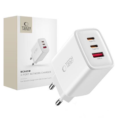 Cargador de Red Tech-Protect NCA65W, 65W, 3A, 1 x USB-A - 2 x USB-C, Blanco