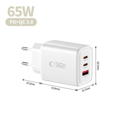 Cargador de Red Tech-Protect NCA65W, 65W, 3A, 1 x USB-A - 2 x USB-C, Blanco