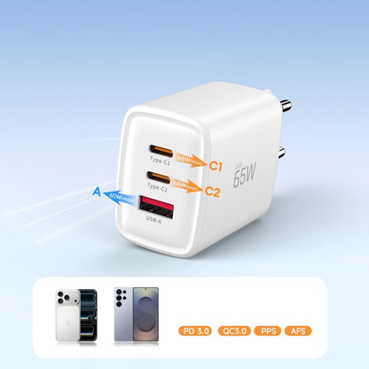 Cargador de Red Tech-Protect NCA65W, 65W, 3A, 1 x USB-A - 2 x USB-C, Blanco