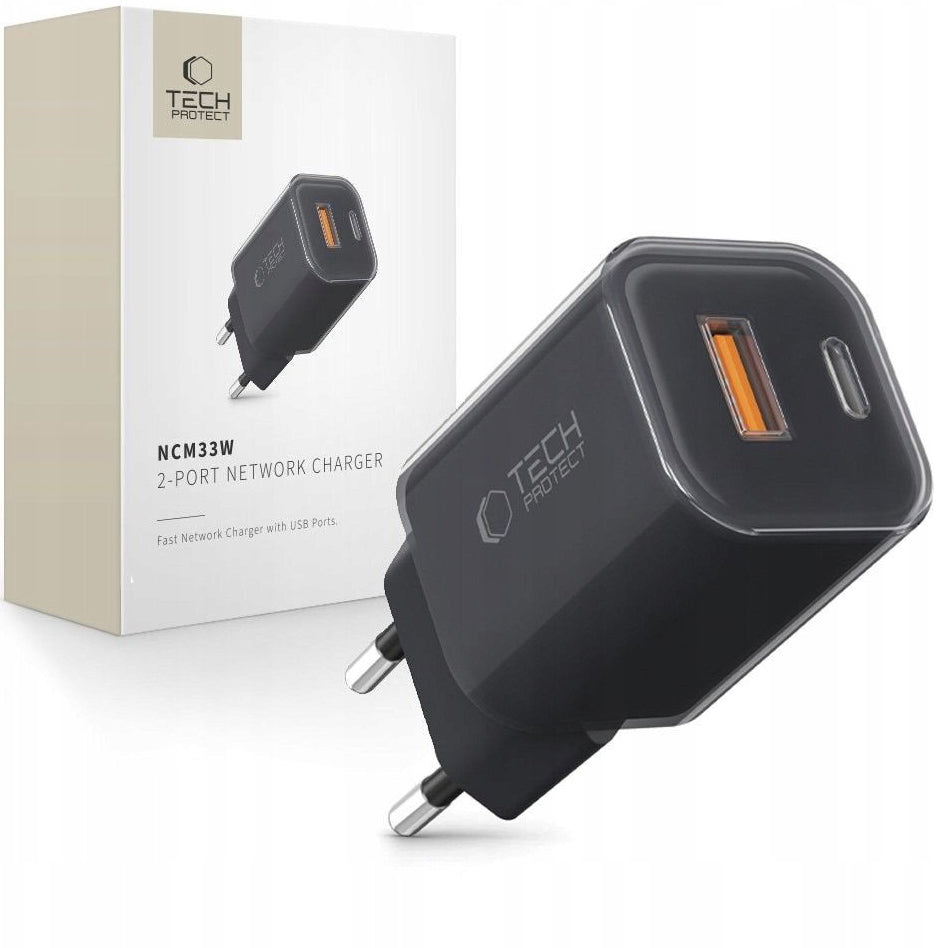 Cargador de Red Tech-Protect NCM33W, 33W, 3A, 1 x USB-A - 1 x USB-C, Negro