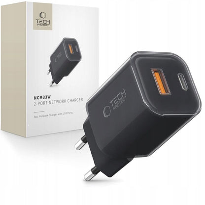 Cargador de Red Tech-Protect NCM33W, 33W, 3A, 1 x USB-A - 1 x USB-C, Negro